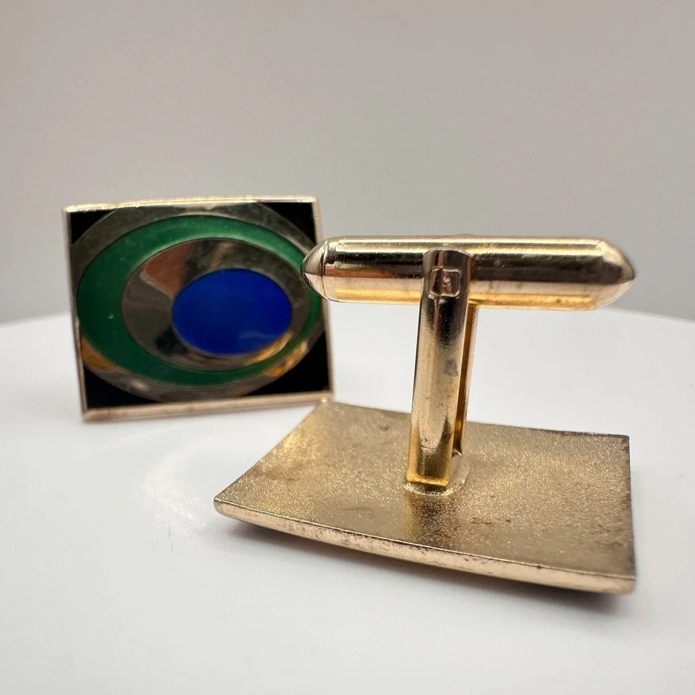 Vintage 80s Gold Tone Cufflinks Blue Green‎ Enamel Peacock Eye Abstract Jewelry